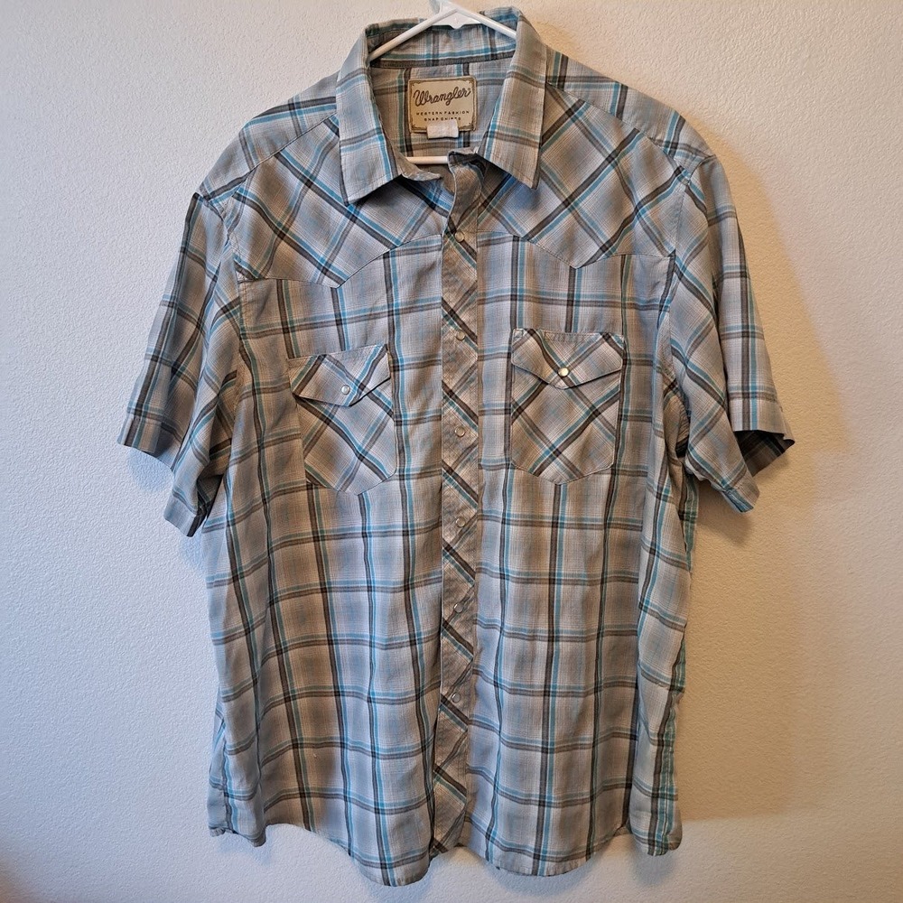 Wrangler Mens Western Fashion Snap Shirt Blue Grey Plaid Short Sleeve Pearl Snap